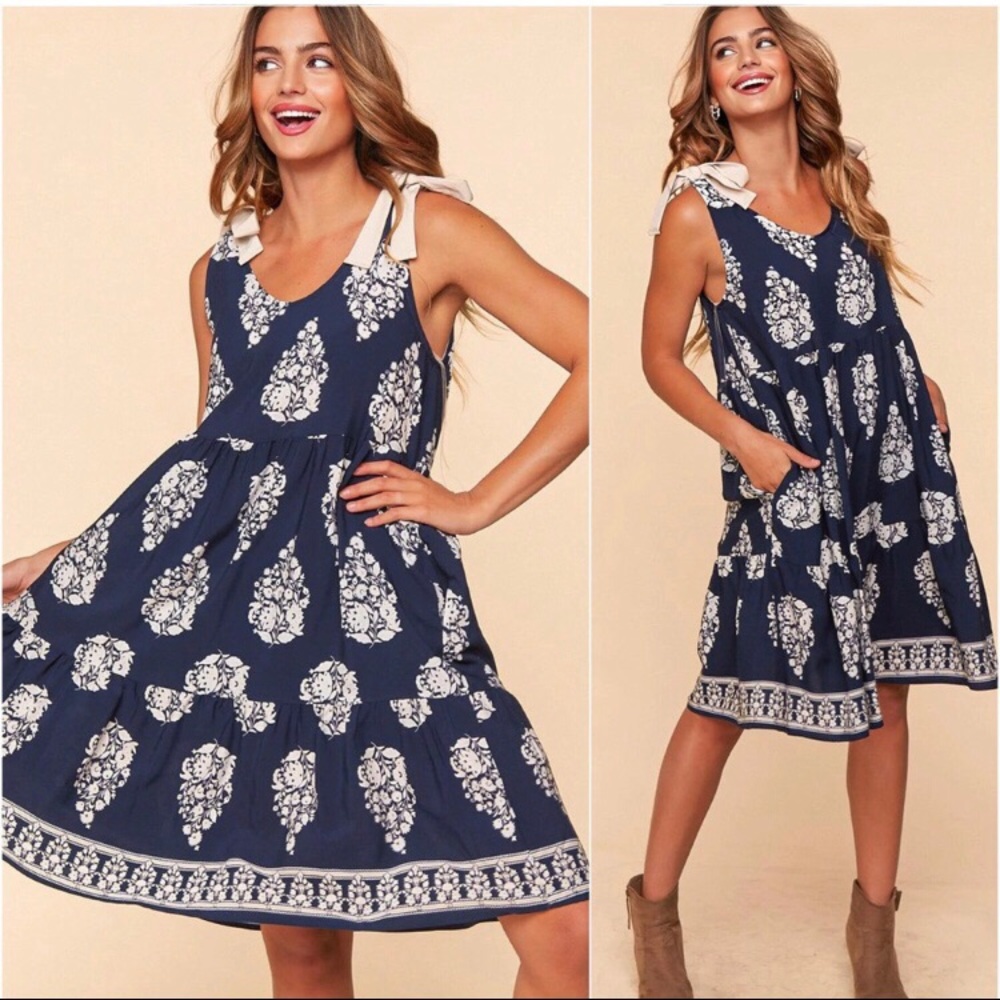 Navy batik border print shoulder bow tie summer cute women’s dress - Picture 2 of 3